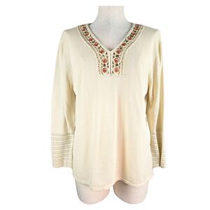 Cable and Gauge Embellished V-Neck Knit Top Size XL Cream Boho Capsule Neutral